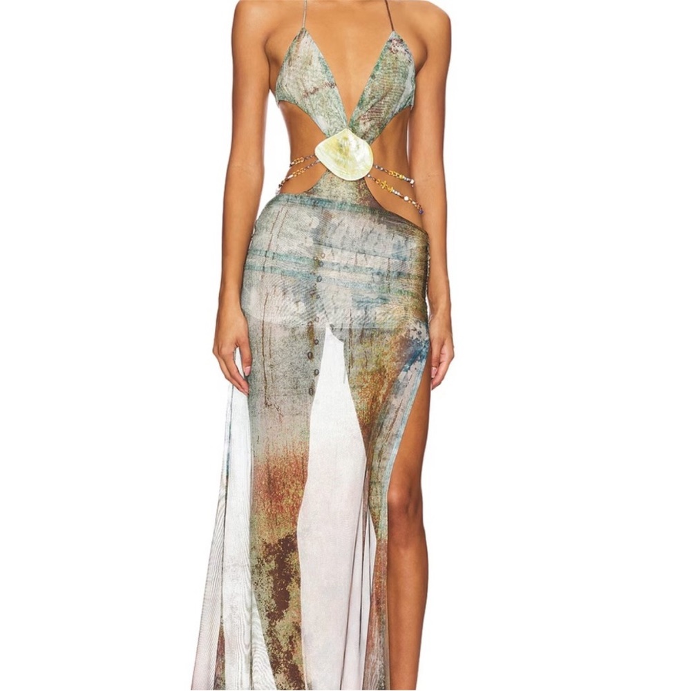 Jaded London Green Blue Marble Print Maxi Dress with Cutouts